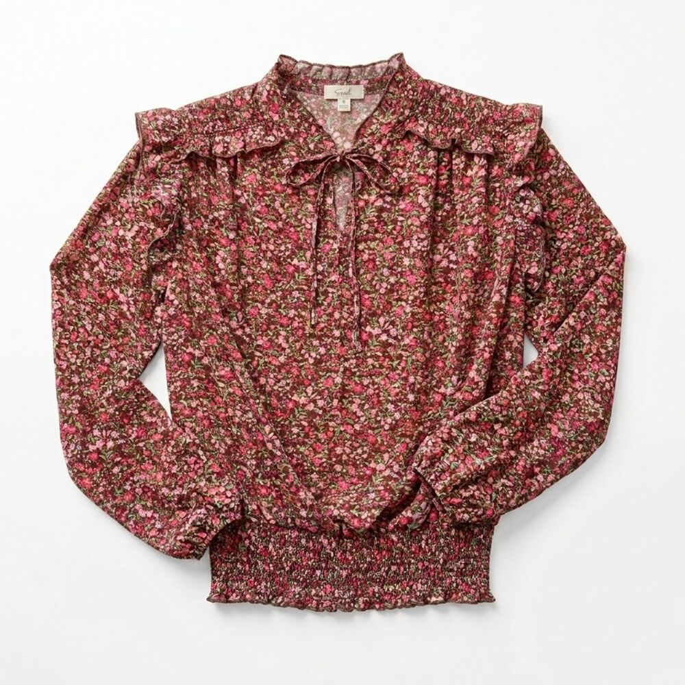 Easel Cottagecore Prairie Blouse Ruffles Tie Front S Red Ditsy Floral Bloomcore